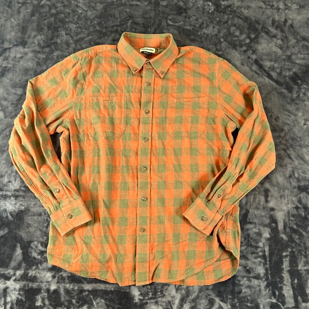 Tom Beckbe Flannel Shirt Mens Large Orange Plaid Long Sleeve Cotton Button Down